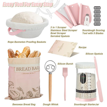 CINNIE&JHIN Pink Sourdough Starter Kit, Complete Baking Tools Set with Proofing Baskets, Pink Design Gifts for Women Bakers - Bread Making Supplies with Jar, Lame, Scraper, Bag & More