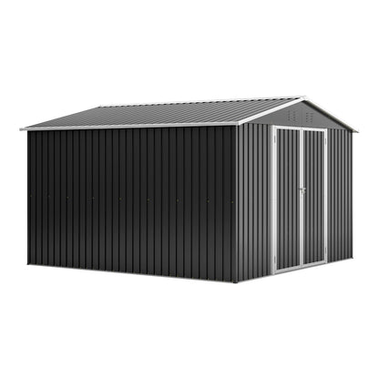 10'x10' Galvanized Steel Storage Shed with 4 Top Air Vents, Lockable Double French Door Large Garden Tool Shed, Black
