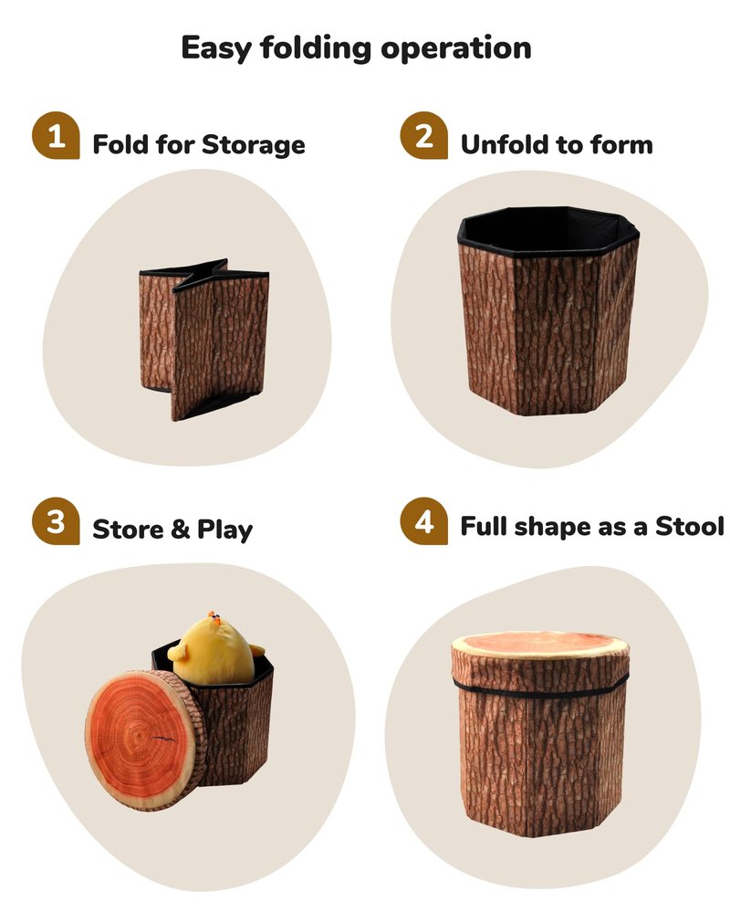 CHEFAN Fruit Storage Stool Ottoman,Tree Stump Stool, Cute Folding Storage Toy Box, Collapsible Seat Chest, Wood Stump Organizer Stool for Toy, Cloth and Kids
