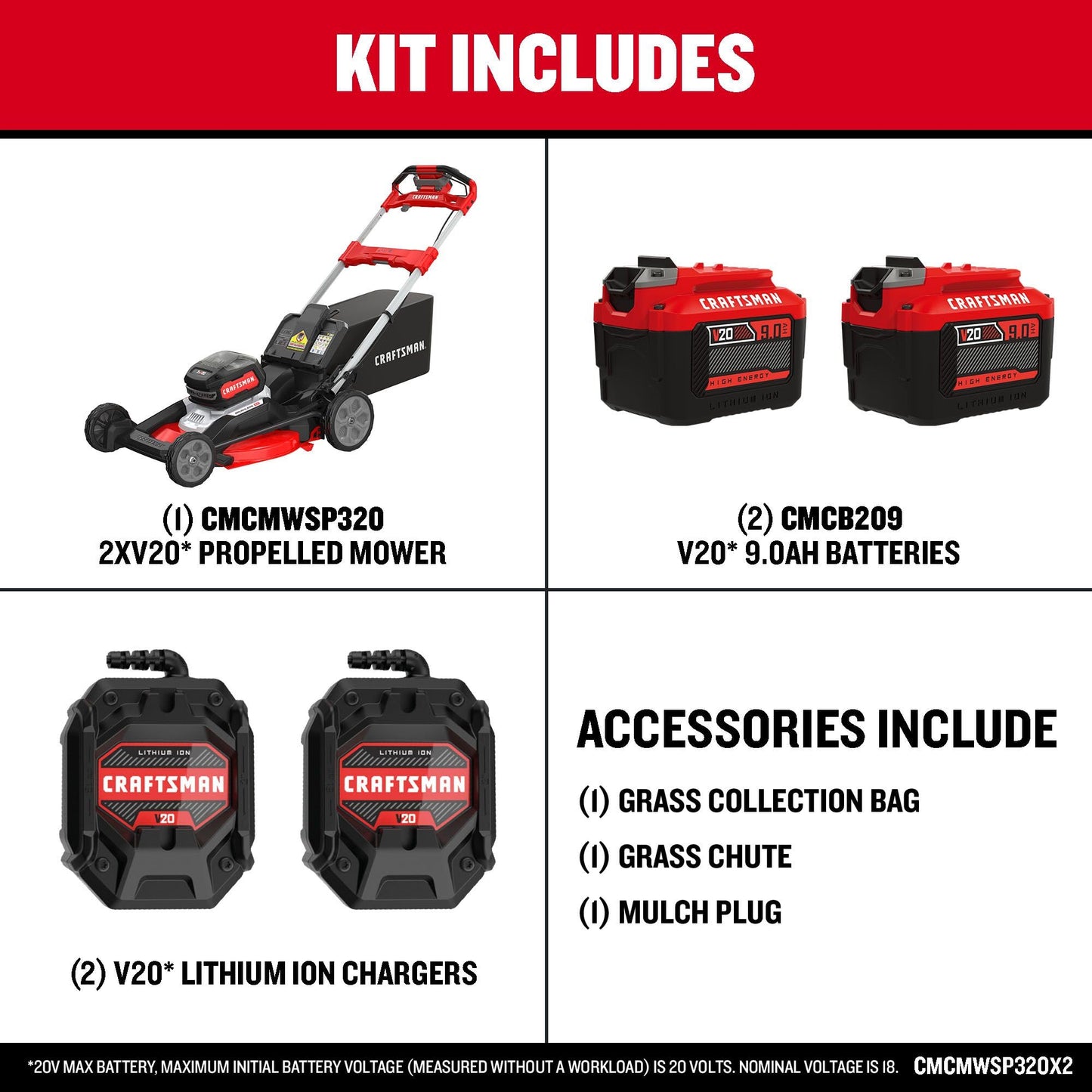 CRAFTSMAN V20 BRUSHLESS RP 21 in Rear Wheel Driver Mower, 2 x 9Ah Batteries and 2 Chargers Included, Up to 70 Min of Runtime, Self-Propelled, LED Headlights, Dual Blades (CMCMWSP320X2)