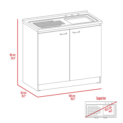 DEPOT E-SHOP Salento Utility Freestanding Sink with Cabinet 35.4" H x 39.3" W - Double Door, Two Shelves, Metal Handles, Aluminum Countertop, White, with Integrated Steel Sink