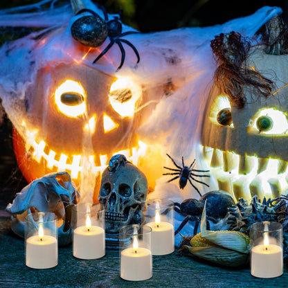 GenSwin Rechargeable Votive Candles Battery Operated, 6 Pack LED Candles with Charging Base, Acrylic Shell Tea Lights with 6H Timer for Halloween Decorations(Clear)