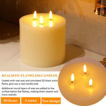 AFINETH Extra Large Flameless Candles, 6"x6" Real Wax Battery Operated Candles with Remote and Timer, Flickering LED Pillar Candles with 3 Wicks for Home, Wedding, Party, Holiday, Ivory