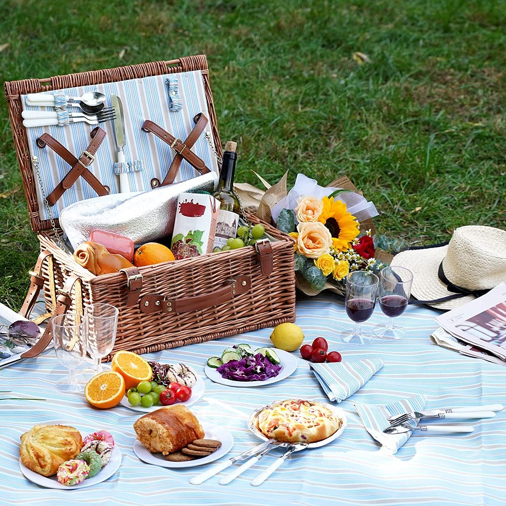 HappyPicnic Wicker Picnic Basket Set for 4 Persons | Large Willow Hamper with Large Insulated Cooler Compartment, Waterproof Blanket and Cutlery Service Kit-Classical Brown