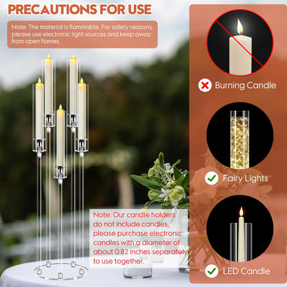 4 Set 5 Arm Acrylic Candle Holder, Mjkeomo 34.6'' Tall Candelabra Centerpieces for Tables Clear Candlesticks Holder with Lampshade for Housewarming Gift Fireplace Dinner Decor Fit 0.87'' LED Candle