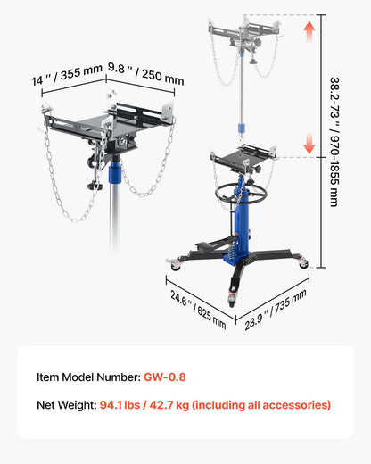 VEVOR Hydraulic Transmission Jack, 1660 lbs Capacity Hydraulic Telescopic Transmission Jack, 34.6-69.3 in High Lifting Height, 2-Stage Floor Jack Stand with Foot Pedal, 360° Swivel Wheel, Blue