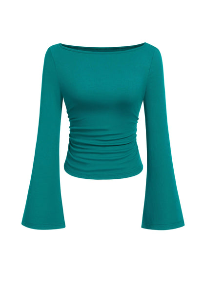 PRETTYGARDEN Women's Long Sleeve Shirts 2025 Fall Crop Going Out Tops Casual Boat Neck Bell Sleeve Ribbed Ruched Y2K Clothes