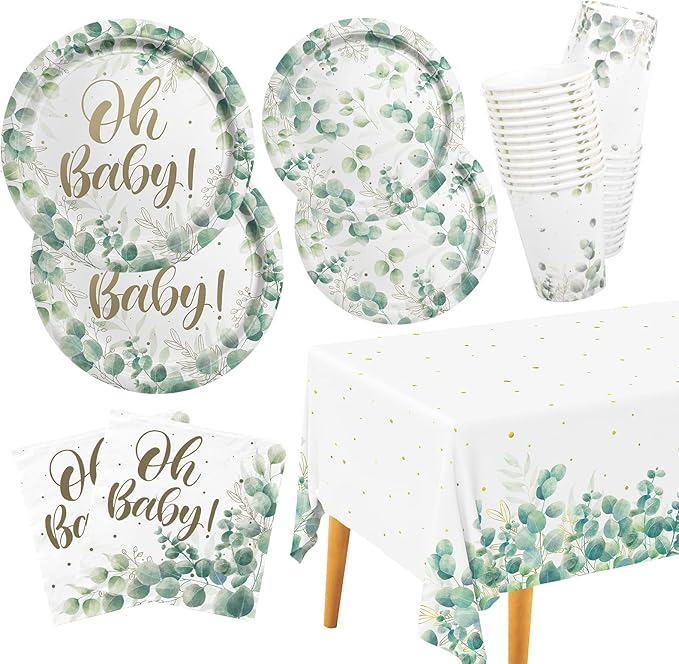Sage Greenery Baby Shower Party Supplies Disposable Paper Plates Napkins Cups and Tablecloth for Boho Greency Party Decorations Serve 25.