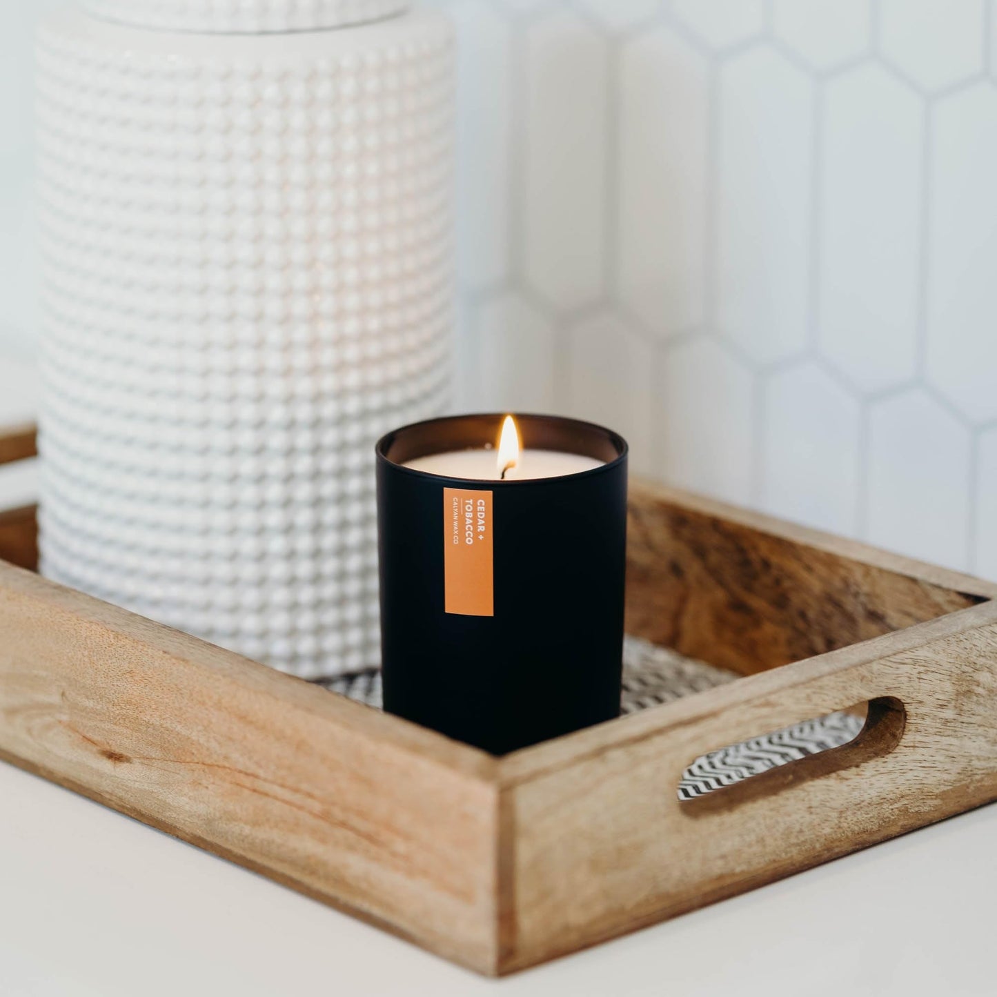 Calyan Wax Co. Cedar & Tobacco Scented Candle - 75 Hour Burn - Luxury Clean Soy Wax Candles - Long Lasting Black Tumbler Jar Candle for Home - 10.2oz
