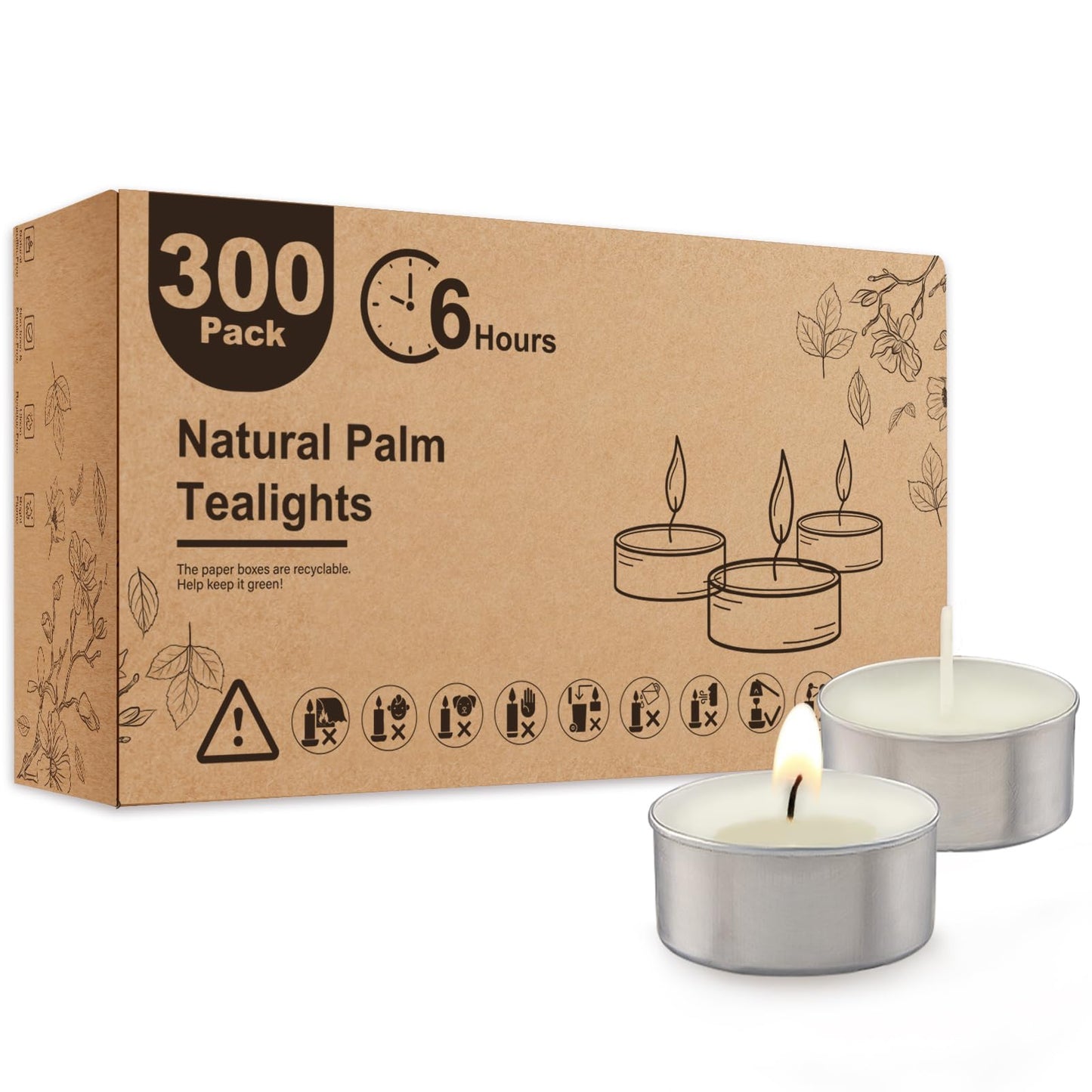Ashlux Unscented Palm Tea Lights Candles 300 Pack Bulk, 6 Hours Long Burning White Tea Lights,Non-Paraffin, Smokeless, Mini Tealight Candles for Wedding, Christmas Lights, Party, Power Outages