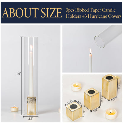 LETINE 14" Tall Hurricane Candle Holders with Gold Ribbed Taper Candle Holders Set of 3– Bulk Windproof Taper Candle Hurricane Glass for Outdoor&Indoors Wedding Centerpiece, Event & Home Decor
