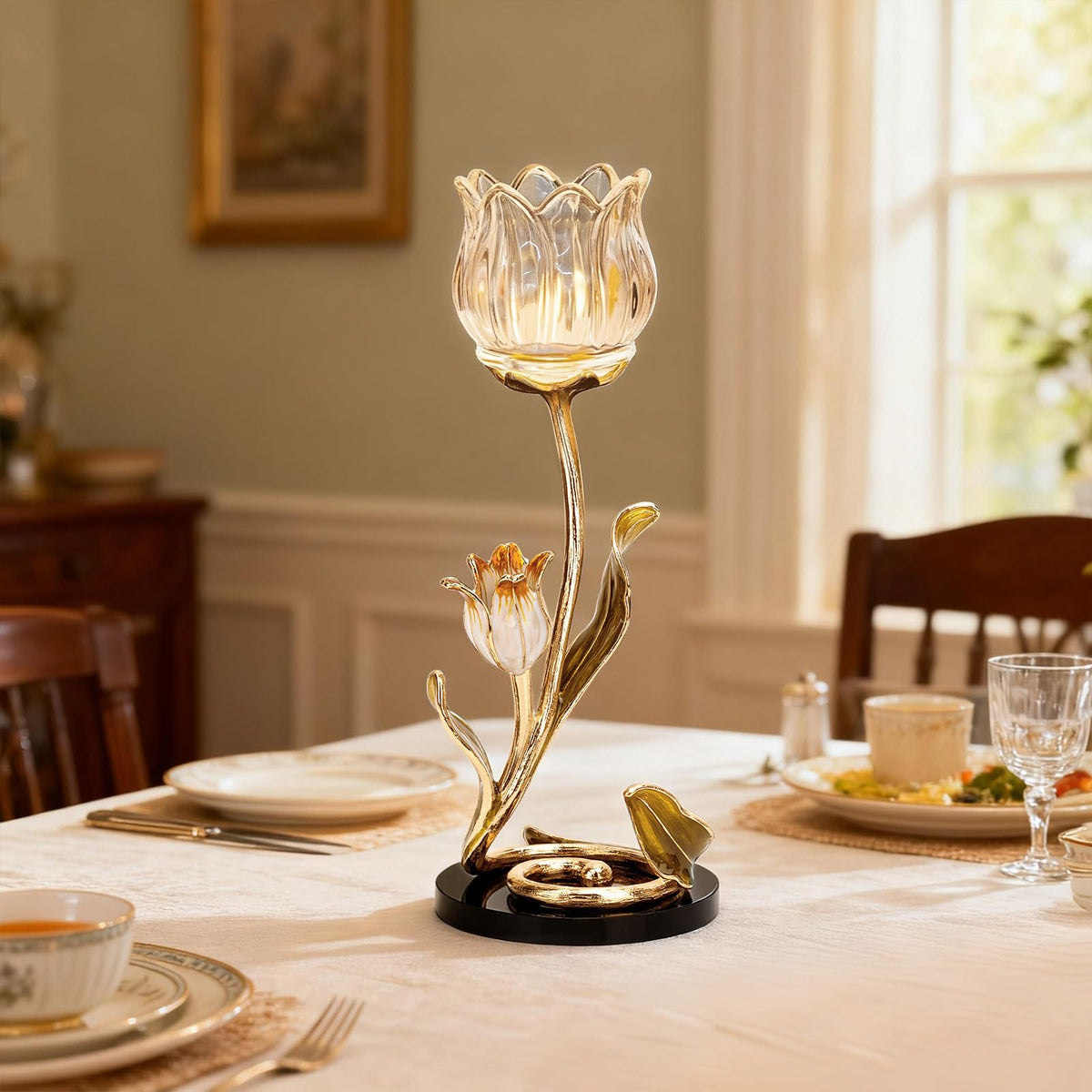 Luxury Crystal Base Glass Flower Candle Holder – Gold Plated Zinc Alloy with Enamel, Romantic Tea Light Holder, French Style Wedding Table Centerpiece, Home Decor
