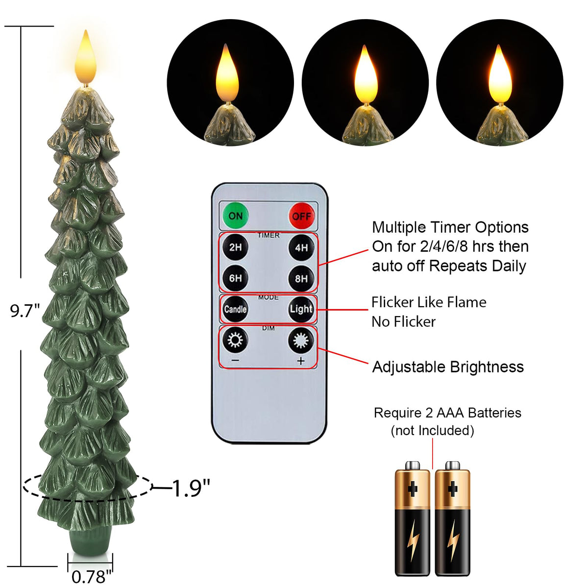 Homemory 3 Pcs Christmas Tree Candles with Remote, Waxy Flameless Taper Candles Flickering, Green LED Candlesticks Battery Operated for New Year Celebration Holiday Decorations 9.7 Inches