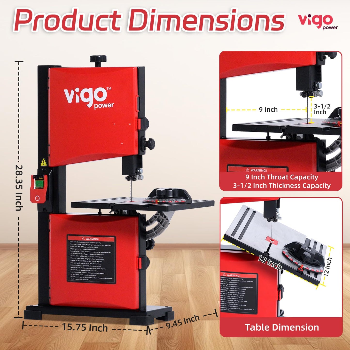 VIGO POWER 9-Inch Benchtop Band Saw for Woodworking, Portable Bandsaw, 2.8A Induction Motor, Dual-Speed 1700/2500 FPM, 12x12" Aluminum Tilting Table 0-45°, Miter Gauge & Dust Port, DIY