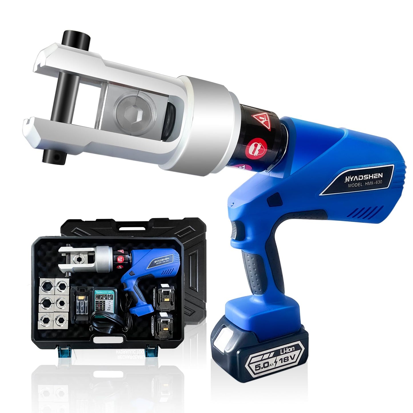 HYADSHEN Electric Hydraulic Cable Lug Crimper Pliers Rechargeable Crimping Tool 20 Ton Electrical Terminal Cable Wire Fiber Crimper Kit with 7 Dies (HMX-630)
