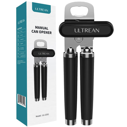Ultrean Manual Can Opener Bottle Opener, Heavy Duty Stainless Steel Smooth Edge Manual Hand Held Can Opener With Soft Touch Handle, Rust Proof Oversized Handheld Easy Turn Knob (Black)