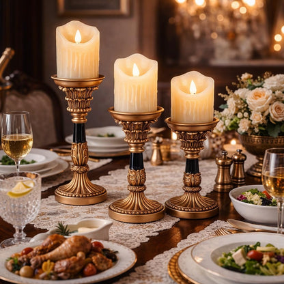 Resin Pillar Candle Holders Set of 3 – an Antique Gold Frame with Engraved Decorations (9", 7.5", 6") with 3.1" Tray & Velvet Anti-Slip Base for Table Centerpiece and Fireplace Mantel Decor
