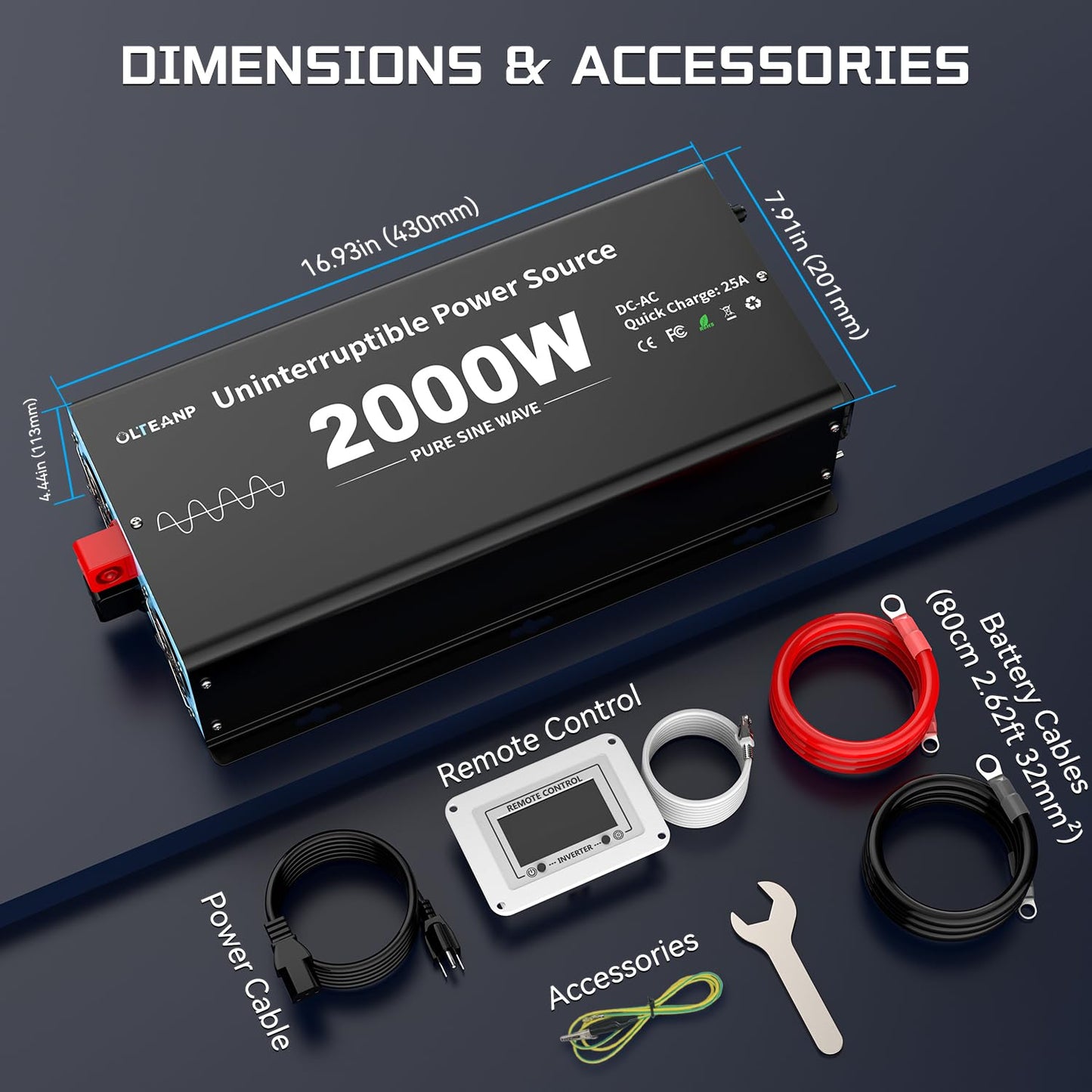 2000W Sump Pump Battery Backup System, Pure Sine Wave Inverter Charger with 25A Fast Charging, Auto Transfer Switch for Basement Flood Protection During Outages, LCD Remote, 12V Deep Cycle Compatible