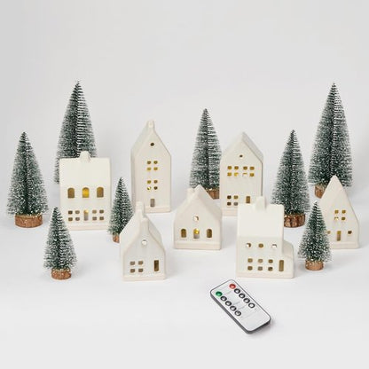 Christmas Village Set by [Brand Name] - 23 Pcs with 7 White Ceramic Houses & Remote LED Tea Lights | Farmhouse Decor for Tabletop & Mantel