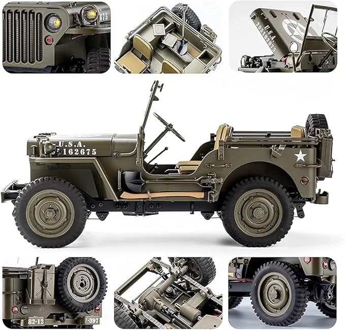 FMS Rochobby RC Car 112 1941 MB Scaler Willys Jeep Remote Control Crawler Military Truck 4x4 Offroad Vehicle with Transmitter Battery and Charger Small RC12001RTR Hunter Green