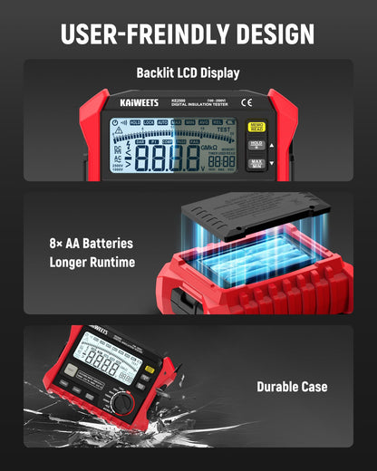 KAIWEETS Insulation Resistance Tester, Up to 200GΩ, Pro Megohmmeter, 5 Range 100V/250V/500V/1000V/2500V, One-Toch DAR/PI, Max/Min, Measures Resistance, AC/DC Voltage for HVAC, Motors, Solar, KE2500