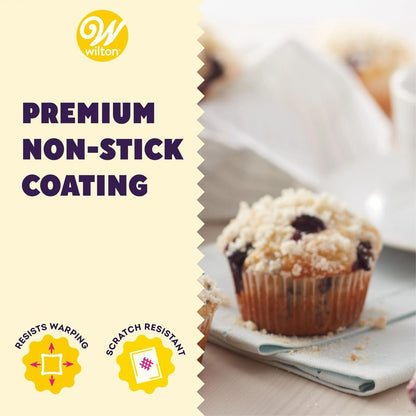 Wilton Gold Non-Stick Bakeware Muffin Pan - Baking Pan for Muffins & Cupcakes - Made Without PFAS, Dent Resistant & Dishwasher Friendly - Offers Even Heat Distribution - 10.5 x 15 x 2 Inches, 12 Cup