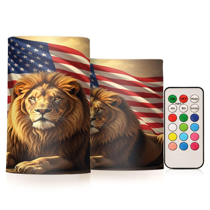 Grgvtei Flameless Candles American Flag Lion Flickering LED Pillar Candles with Remote & Timer, Battery Operated Set of 2 Warm Glow for Wedding Party Home Decoration