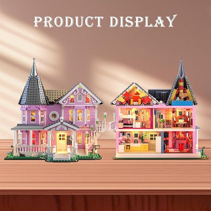 Pink Palace Apartment Building Set with Lights 1349PCS Halloween Haunted House Blocks Compatible with Lego Christmas Birthday Gifts for Kids &amp Collectors Aged 8+