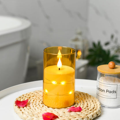 Guluto Flameless LED Candles, Non-breakable Battery Operated Candles with Embedded Star String, D 3"×H 5", Set of 2, Flickering Pillar Candle with Remote and Timer for Birthday Home Decoration (Gold)