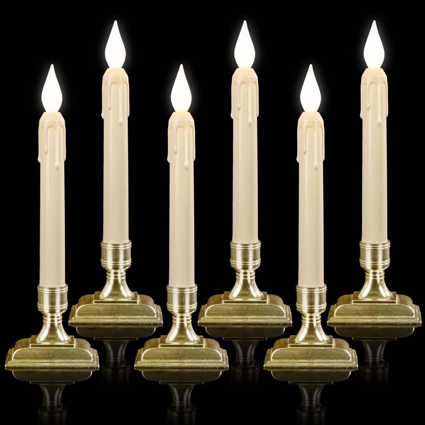 Meigic 6 Pcs Sensor Dawn to Dusk Window Candles, Flickering Battery Candles for Windows, Ultra Bright Fake Candle Lights with Gold Holders, Led Candlesticks for Xmas Home Decor, White Light