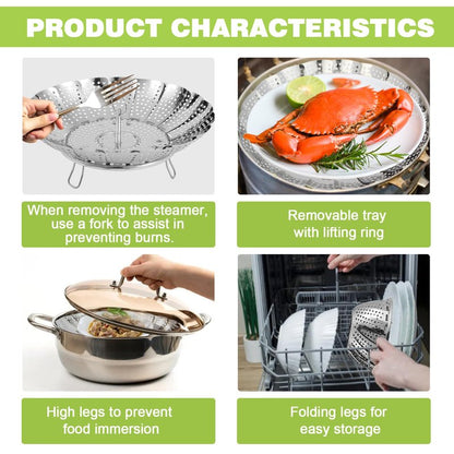 Vegetable Steamer Basket - Stainless Steel Folding Basket for Cooking, Vegetables, Fish, Pasta, Eggs, Fit Various Size Pot (5.5 inches to 9.2 inches)