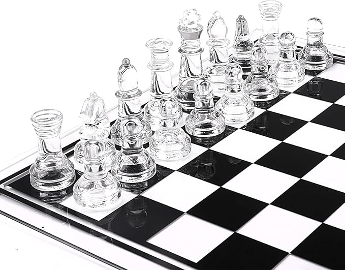 Elegant Glass Chess Set 13.8 Inch - Large Modern Chess Board Game with Black &amp Clear Pieces Felted Bottoms - Crystal Strategy Game Gift for Adults Home Decor