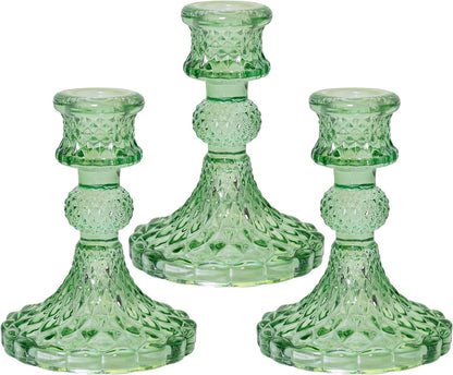 Glass Candlestick Holder Taper and Pillar Candle Holder, Desktop Decoration for Wedding Dinning Party-3 pcs(Green)
