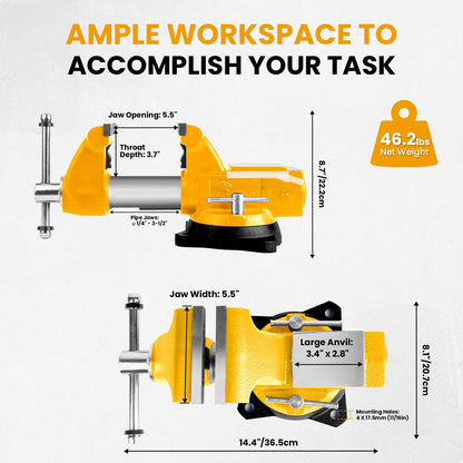 Forward 1755A Heavy Duty Bench Vise 11,000LBS Clamping Force, 5.5 Inch Ductile Iron Industrial Vice with Machined Round Guide Bar and 360° Swivel Base, 5-1/2" Jaw Width, 5-1/2" Max Jaw Opening