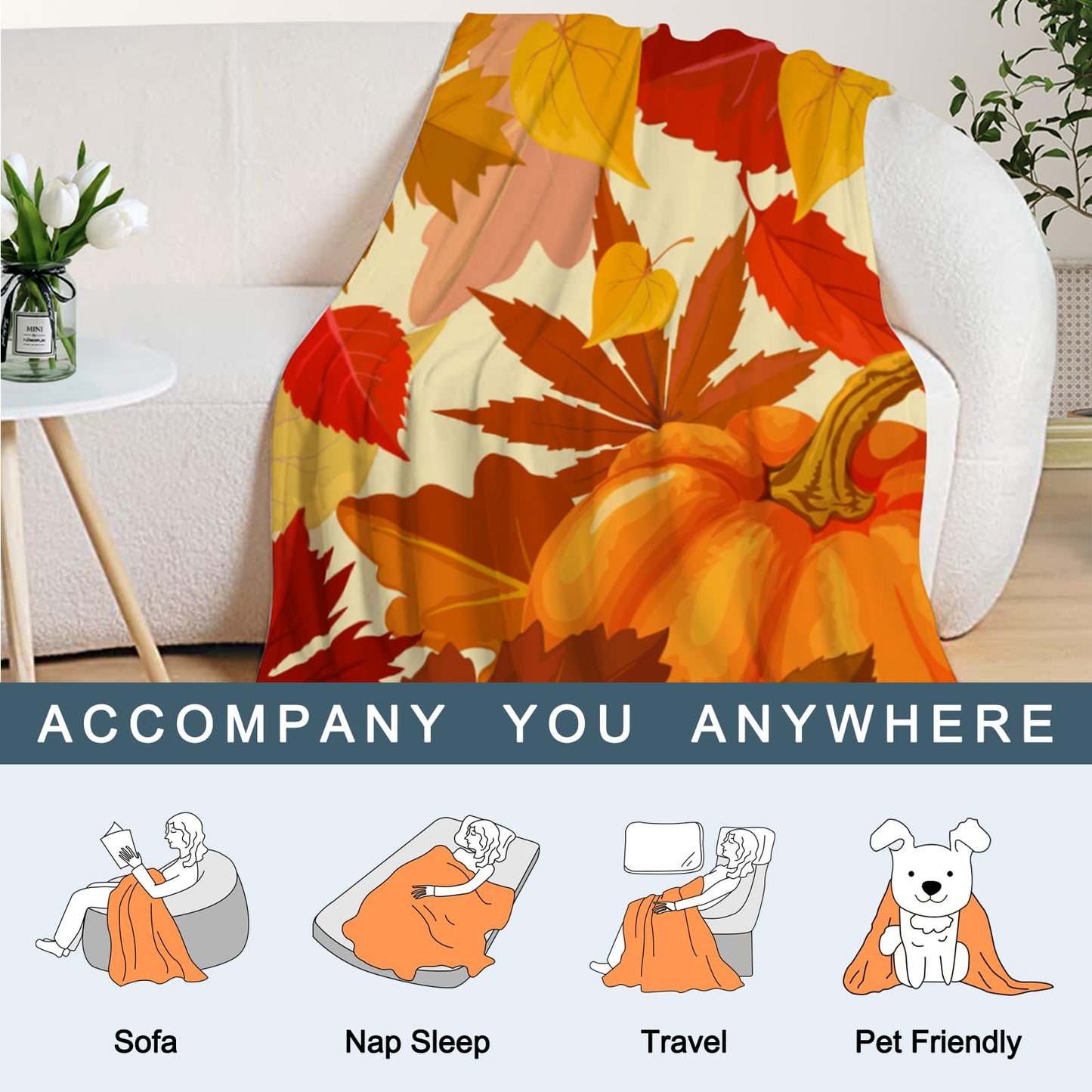 Neatee Living Fall Decorative Throw Blanket Orange Thanksgiving Autumn Pumpkin LeavesThrow Blanket for Couch Sofa Bed Outdoor Lightweight Fuzzy Soft Plush Fleece Lap Blankets and Throws 50x60