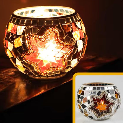 Mosaic Glass Tea Light Holders Romantic Stained Votive Candle Holder, MIATTCLD Round Handmade Tealight Candle Holder for Table Centerpieces, Christmas, Valentine, Birthday Party, Home Decor (E)