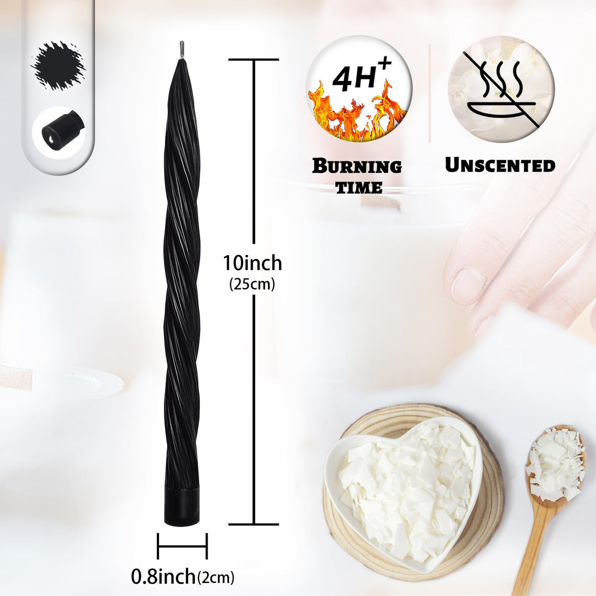 Handmade Unscented Long Spiral Taper Candle Black 10 Inch Smokeless Tall Twisted Candlesticks Elegant Design for Home Weddings Festive Seasons Décor