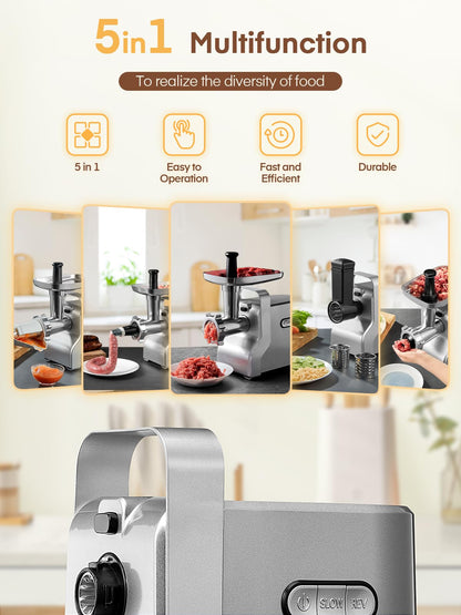 FOHERE Meat Grinder 3000W Max, Heavy Duty 5-in-1 Electric Meat Mincer with Sausage Stuffer & Kubbe Kit, 3 Stainless Steel Grinding Plates for Home Kitchen & Deer Processing (Silver)
