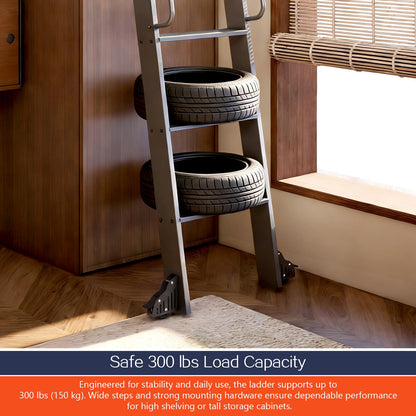 DIYHD 87" Sliding Library Ladder, Telescopic Top Hook, Lightweight Rolling Ladder with Upright Space-Saving Storage, Kit with 4FT Sliding Rail, Bottom Rollers, 300lbs Capacity, Black