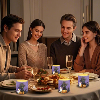 Merkmak Halloween Day Flameless Candles with 18-Key Remote Battery Operated Candles with Timer, Ghost Black Cat Pumpkin Print Flickering LED Elictric Pillar Tealights for Party Banquet