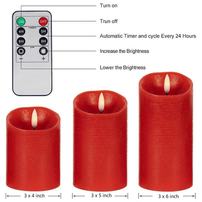 ANGELLOONG Red Flameless Candles with Remote and Timer, Real Wax Flickering Fake Pillar Candles Battery Operated, Electric LED Candle for Bathroom Table Decor Birthday Gifts for Him Her, Set of 3