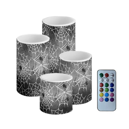 Merkmak Halloween Flameless Candles 4Pcs Battery Operated LED Candles with Timer Remote Spider Web Plastic Pillar Lights for Home Trick or Treat Party Decorations