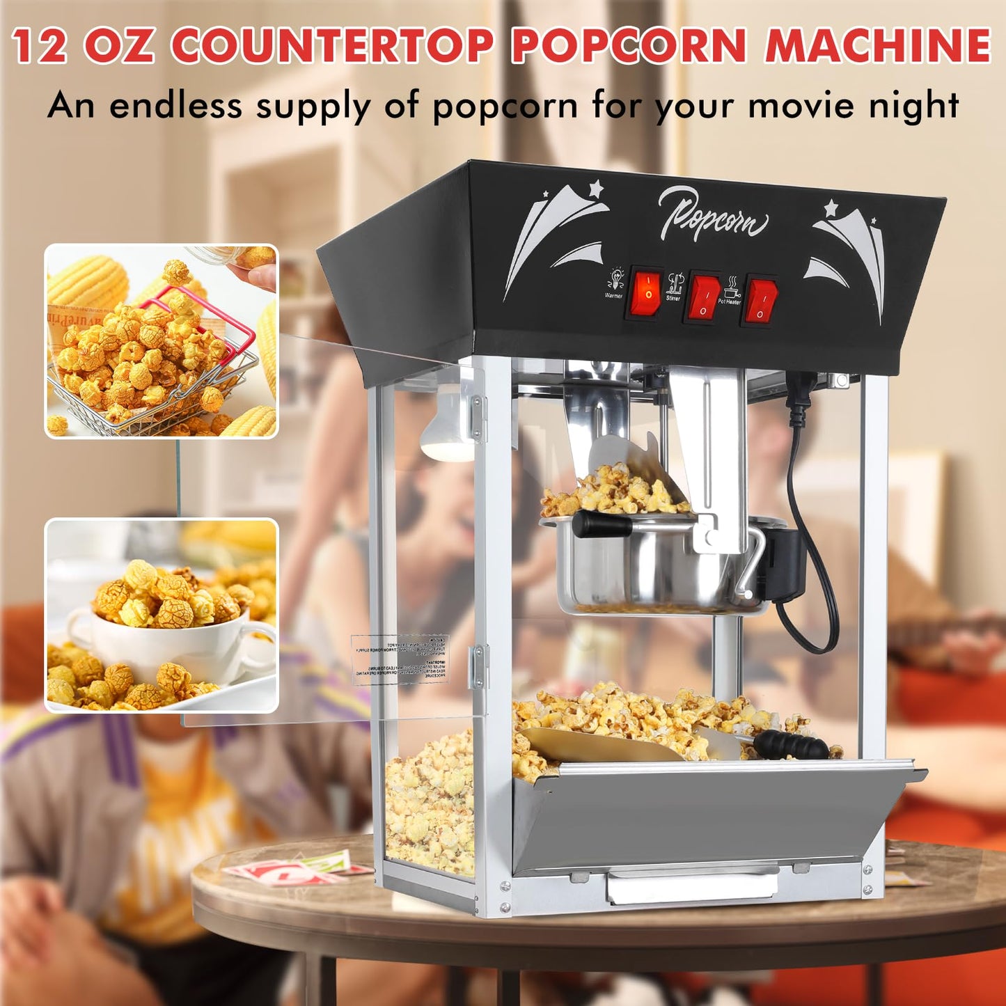 Popcorn Maker Machine,12 Ounce Kettle Stainless Steel Commercial Popcorn Machine with Tempered Glass,Warming Deck, 900W Countertop Popcorn Popper for Parties (Black, 12 Ounce)