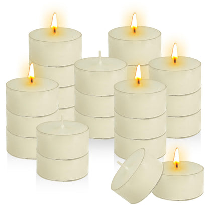 Fig Scented Tea Light Candles 24 Pack Beige Hand Poured Smokeless 4 Hours Clean Burning Small Round Clear Cups Tealight Candles for Romantic Dinners Wedding Centerpieces Cozy Evenings