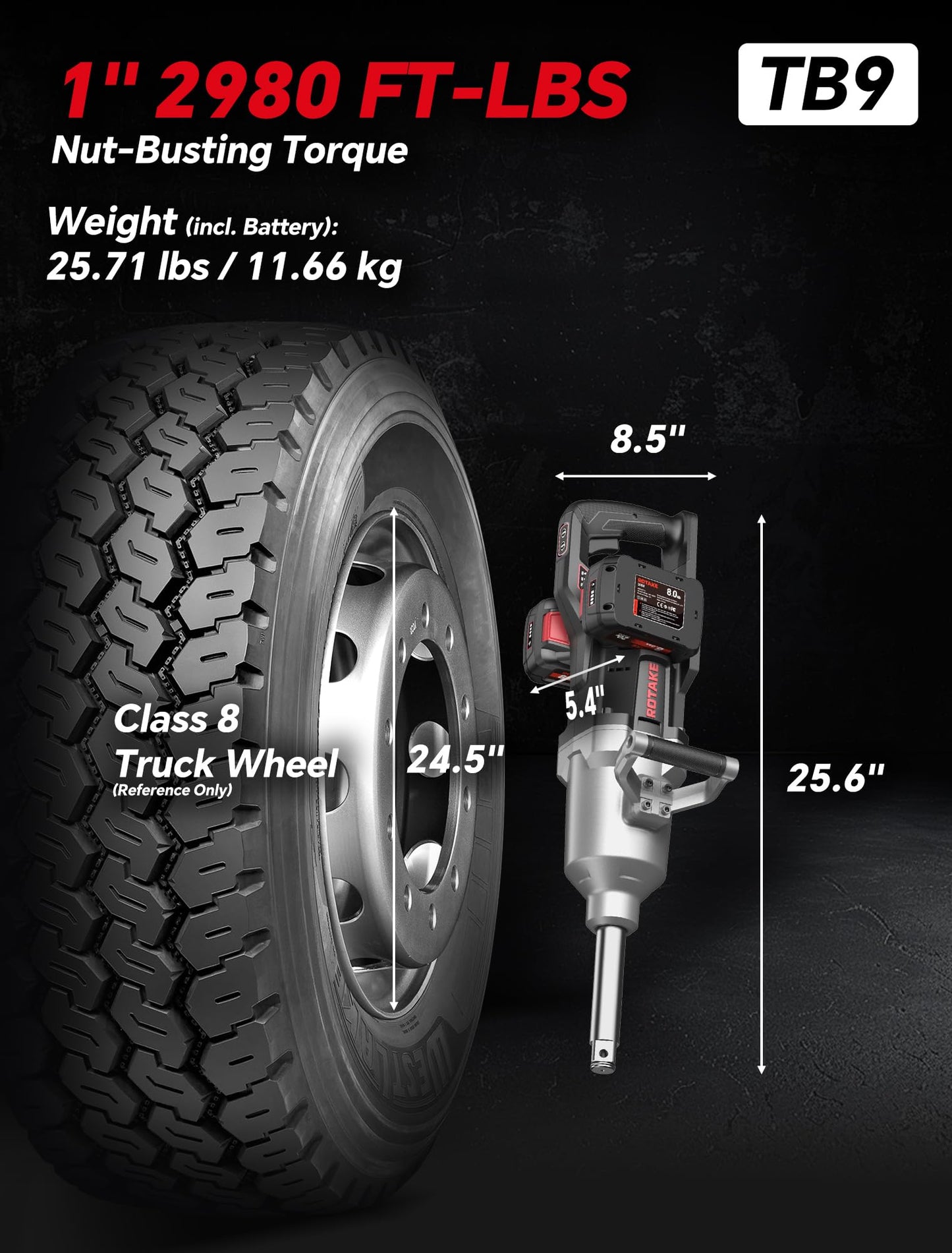 ROTAKE 1" Industrial Cordless Impact Wrench Kit, 2980 FT-LBS Nut-Busting Torque, 6-Inch Extended Reach, 40V Power (via Dual 20V 8.0Ah Batteries), High Torque Impact Gun, Dual-Port Charger, TB9