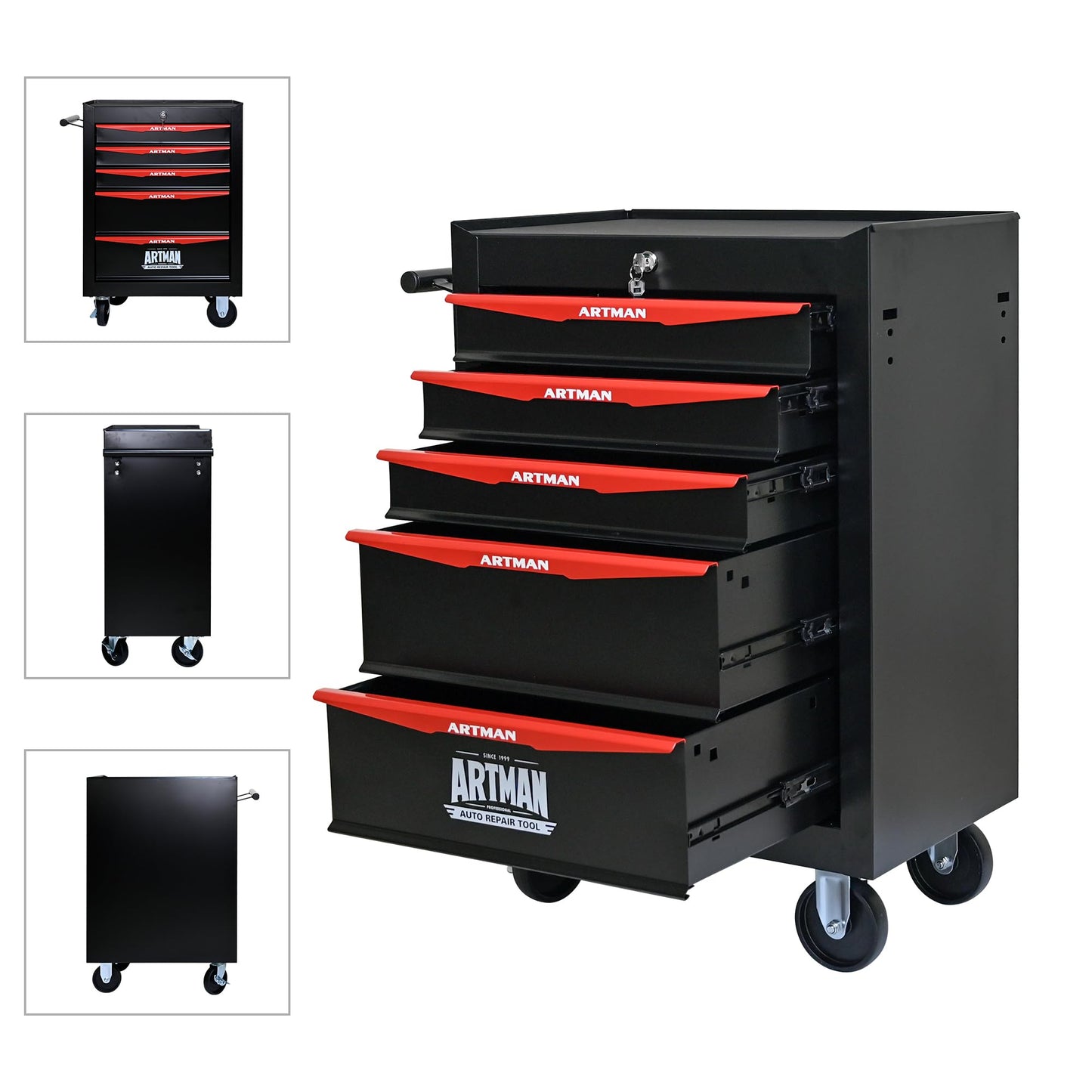 KEIKI Rolling Metal Tool Box with 5 Drawers, 20" 5 Drawer Tool Box with Ball Bearing Drawer Slides, Steel Tool Storage Box Organizer, Black