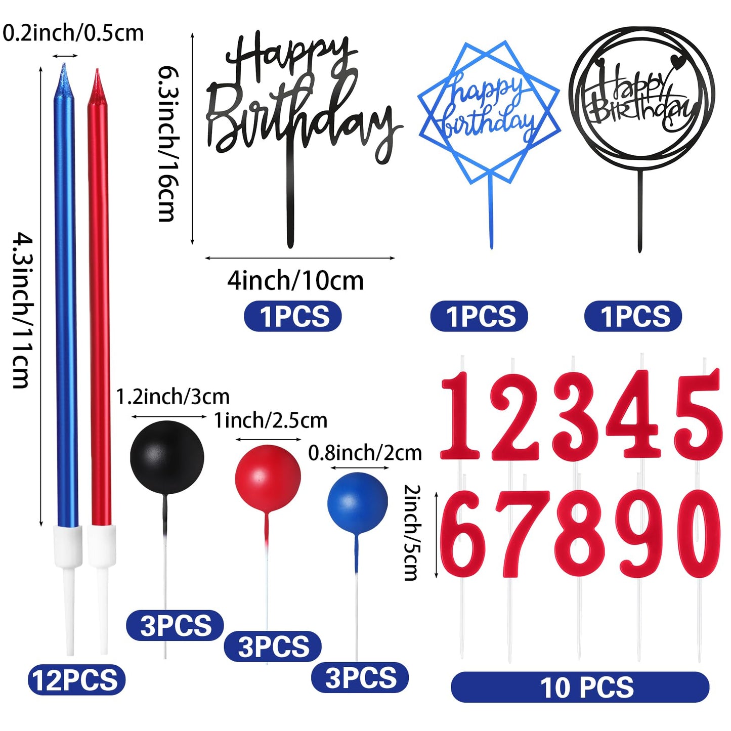 Yerliker 34 Pcs Happy Birthday Cake Toppers Decorations Birthday Candles DIY Cake Decor for Men Women Wedding Anniversary(Blue Red Black)