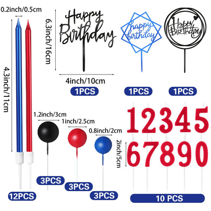 Yerliker 34 Pcs Happy Birthday Cake Toppers Decorations Birthday Candles DIY Cake Decor for Men Women Wedding Anniversary(Blue Red Black)