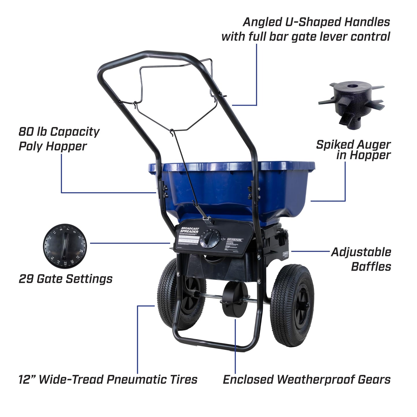 Chapin 88200A Spreader, Salt, Ice Melt, All Season, SaltPro, Walk Behind, Spiked Auger, Adjustable Baffles, 12" Tires, Coated Steel Frame, Enclosed Gears, Weather-Resistant, Rain Cover, 80Lbs