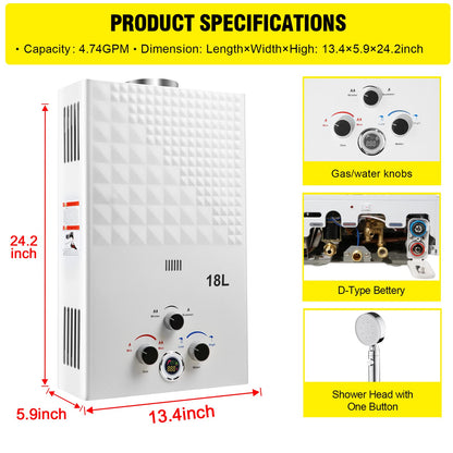 Tankless Water Heater Propane 4.74GPM 18L Outdoor Portable GasHot Water Heater Instant Propane Water Heater with Digital Display Multi-Protection for Camping Trips Boat